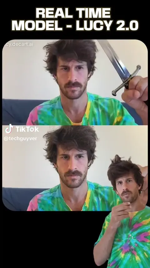 Vertical live face swap demo showing a man in a tie-dye shirt comparing several reference faces with his transformed output