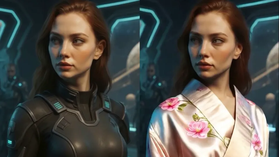Live try-on demo showing a woman change from a dark sci-fi suit into a floral robe, winter coat, samurai armor, and a robot suit