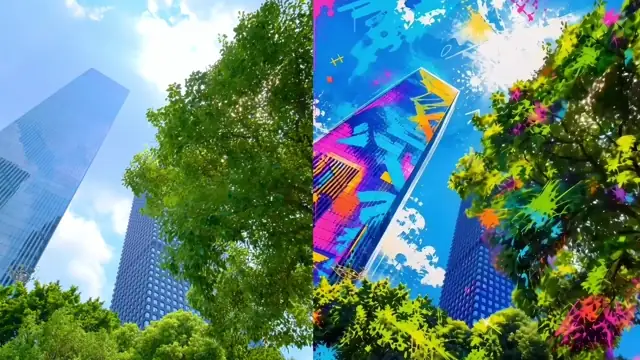 Live city restyle demo transforming an upward view of skyscrapers into painted, balloon-like, and stained-glass styles