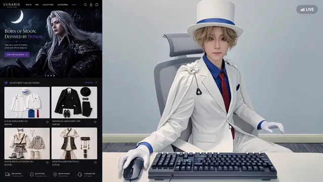 Live try-on demo showing a streamer at a keyboard switch between a white suit, a black suit and hat, and a fur coat
