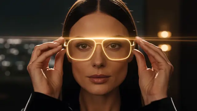 Virtual try-on demo showing a woman adjust smart glasses, then preview white businesswear and a metallic outfit in a dressing room